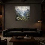 Misty Blue Valley Peaks Mountain Landscape Wall Art Canvas Print shown in a warm modern interior