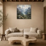 Misty Blue Valley Peaks Mountain Landscape Wall Art Canvas Print presented in a sophisticated home setting