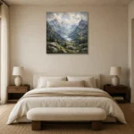 Misty Blue Valley Peaks Mountain Landscape Wall Art Canvas Print showcased in an elegant minimalist interior
