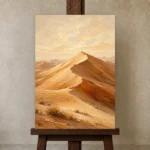 Ivory Dawn Desert Landscape Wall Art Canvas Print displayed on a studio easel