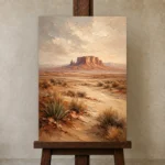 Rust & Sand Desert Landscape Wall Art Canvas Print displayed on a studio easel