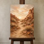 Terracotta & Sand Desert Landscape Wall Art Canvas Print displayed on a studio easel