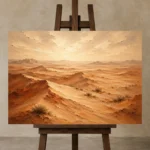 Amber Dunes Desert Landscape Wall Art Canvas Print displayed on a studio easel
