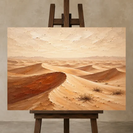 Ivory & Caramel Desert Landscape Wall Art Canvas Print displayed on a studio easel