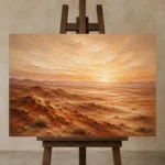 Burnt Sienna Dusk Desert Landscape Wall Art Canvas Print displayed on a studio easel