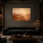 Burnt Sienna Dusk Desert Landscape Wall Art Canvas Print shown in a warm modern interior