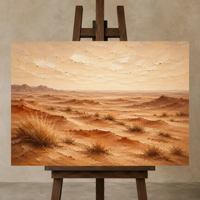 Rust & Ivory Desert Landscape Wall Art Canvas Print displayed on a studio easel