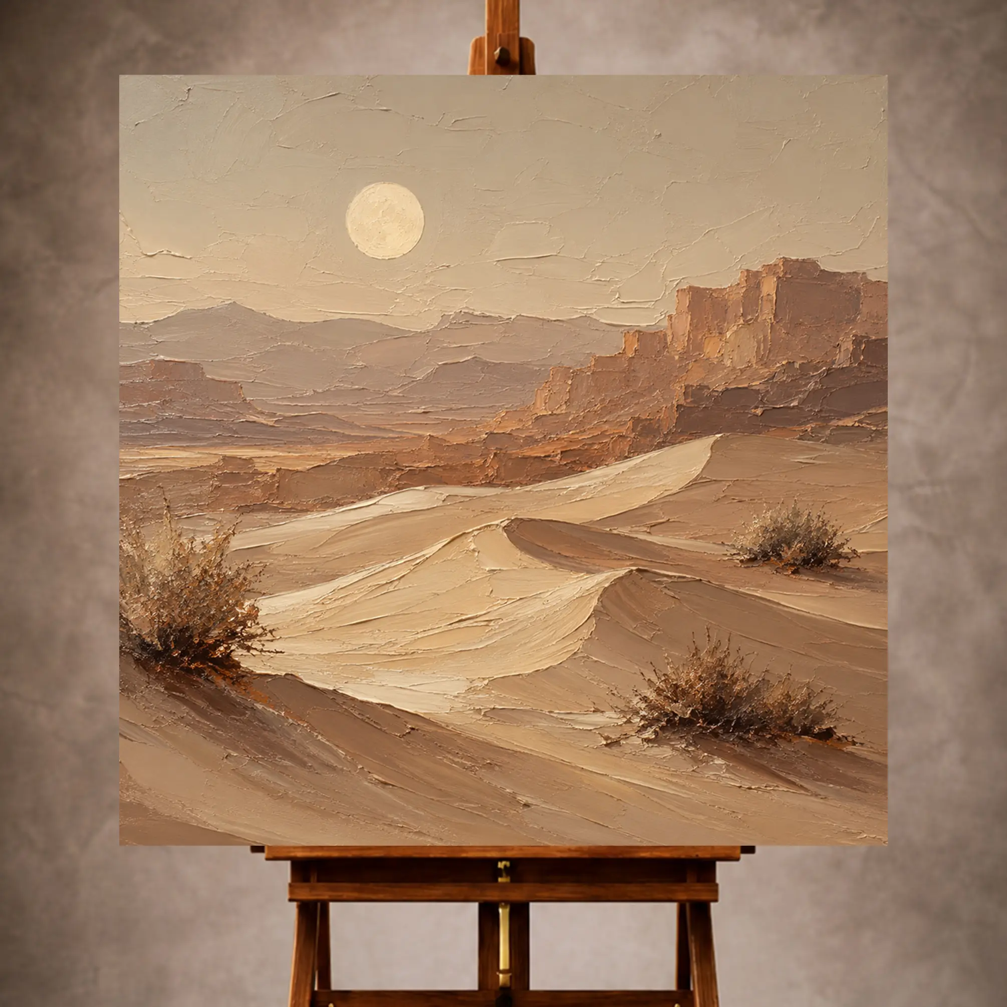 Premium Wall Art Kare Html Edition – LANDSCPE063 Image 1 Sand & Ivory Moonrise Desert Landscape Wall Art print for elegant interiors. No text or watermarks in design.