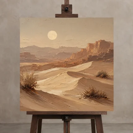 Moonrise Desert Landscape Wall Art Canvas Print displayed on a studio easel