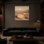 Moonrise Desert Landscape Wall Art Canvas Print shown in a warm modern interior
