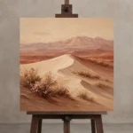 Ivory & Dusty Rose Desert Landscape Wall Art Canvas Print displayed on a studio easel