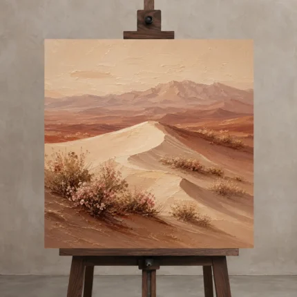 Ivory & Dusty Rose Desert Landscape Wall Art Canvas Print displayed on a studio easel