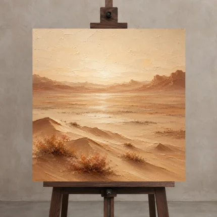 Mirage Glow Desert Landscape Wall Art Canvas Print displayed on a studio easel