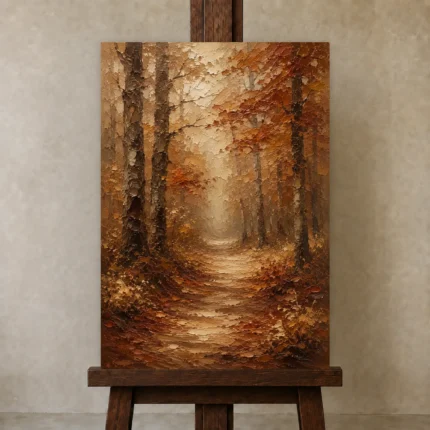Umber & Ochre Autumn Forest Landscape Wall Art Canvas Print shown in Studio Easel