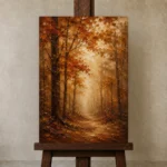 Rust & Ochre Autumn Forest Landscape Wall Art Canvas Print displayed on a studio easel