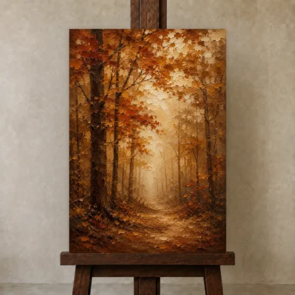 Rust & Ochre Autumn Forest Landscape Wall Art Canvas Print shown in Studio Easel