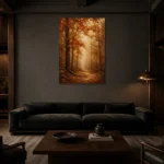 Rust & Ochre Autumn Forest Landscape Wall Art Canvas Print shown in a warm modern interior