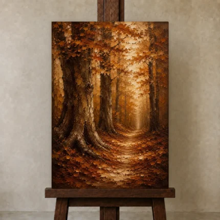 Umber & Ochre Autumn Forest Landscape Wall Art Canvas Print shown in Studio Easel