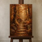 Umber & Ochre Autumn Forest Landscape Wall Art Canvas Print displayed on a studio easel