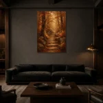 Umber & Ochre Autumn Forest Landscape Wall Art Canvas Print shown in a warm modern interior