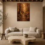 Umber & Ochre Autumn Forest Landscape Wall Art Canvas Print presented in a sophisticated home setting