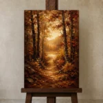 Umber & Ochre Golden Clearing Autumn Forest Landscape Wall Art Canvas Print displayed on a studio easel