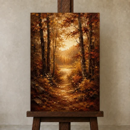 Umber & Ochre Golden Clearing Autumn Forest Landscape Wall Art Canvas Print shown in Studio Easel