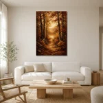 Umber & Ochre Golden Clearing Autumn Forest Landscape Wall Art Canvas Print styled in a refined neutral interior