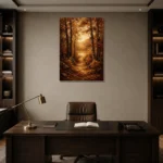 Umber & Ochre Golden Clearing Autumn Forest Landscape Wall Art Canvas Print displayed in a contemporary gallery-inspired room