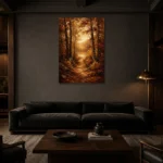 Umber & Ochre Golden Clearing Autumn Forest Landscape Wall Art Canvas Print shown in a warm modern interior