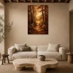 Umber & Ochre Golden Clearing Autumn Forest Landscape Wall Art Canvas Print presented in a sophisticated home setting