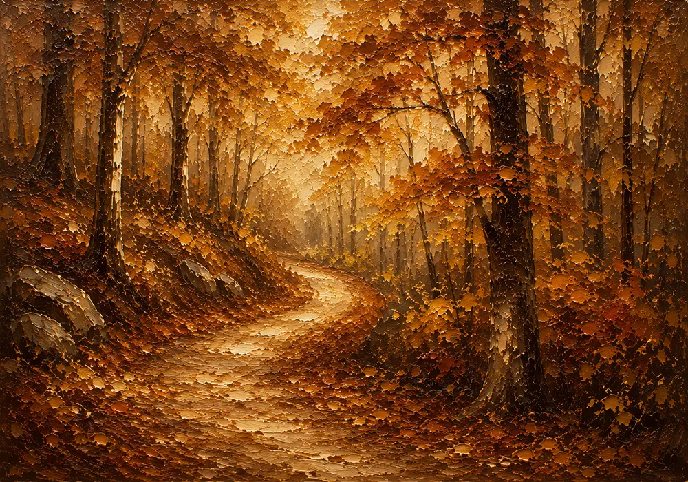 Curved Golden Path Autumn Forest Landscape Wall Art Canvas Print