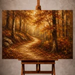 Umber and ochre serene Autumn Forest Wall Art print for elegant interiors. No text or watermarks in design.