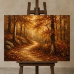 Umber & Ochre Autumn Forest Landscape Wall Art Canvas Print displayed on a studio easel