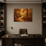 Umber & Ochre Autumn Forest Landscape Wall Art Canvas Print displayed in a contemporary gallery-inspired room