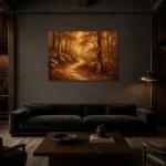 Umber & Ochre Autumn Forest Landscape Wall Art Canvas Print shown in a warm modern interior