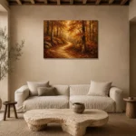 Umber & Ochre Autumn Forest Landscape Wall Art Canvas Print presented in a sophisticated home setting