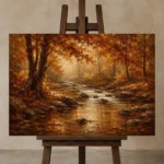 Umber & Rust Autumn Stream Autumn Forest Wall Art Canvas Print displayed on a studio easel