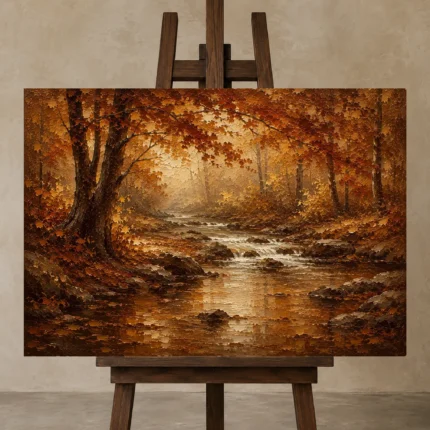 Umber & Rust Autumn Stream Autumn Forest Wall Art Canvas Print displayed on a studio easel