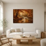 Umber & Rust Autumn Stream Autumn Forest Wall Art Canvas Print styled in a refined neutral interior