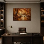 Umber & Rust Autumn Stream Autumn Forest Wall Art Canvas Print displayed in a contemporary gallery-inspired room
