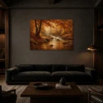 Umber & Rust Autumn Stream Autumn Forest Wall Art Canvas Print shown in a warm modern interior