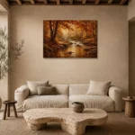 Umber & Rust Autumn Stream Autumn Forest Wall Art Canvas Print presented in a sophisticated home setting