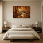 Umber & Rust Autumn Stream Autumn Forest Wall Art Canvas Print showcased in an elegant minimalist interior