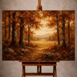 Golden ochre and umber Autumn Forest Wall Art print for elegant interiors. No text or watermarks in design.