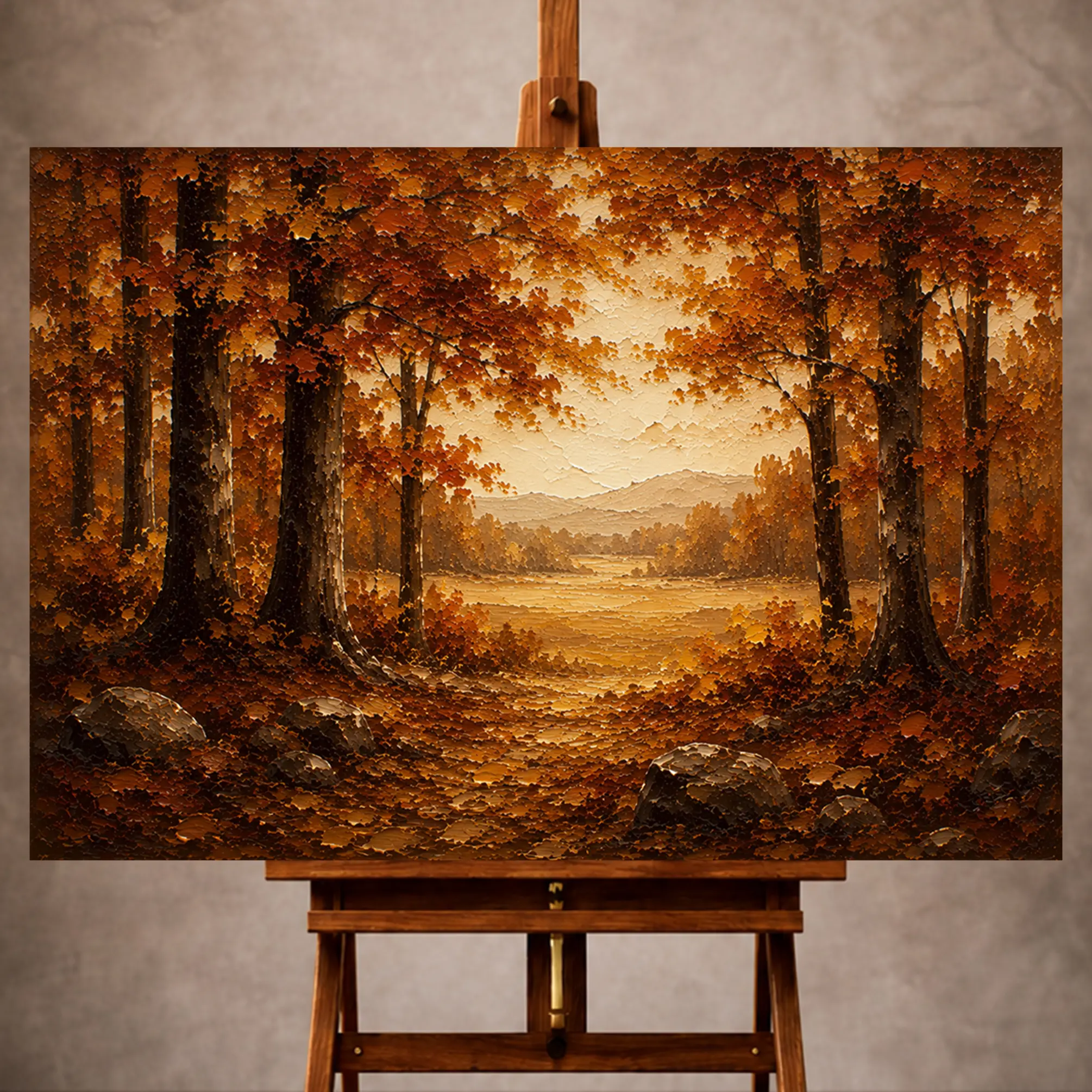 Premium Wall Art Yatay Html Edition – LANDSCPE073 Image 1 Golden ochre and umber Autumn Forest Wall Art print for elegant interiors. No text or watermarks in design.