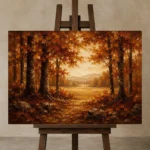 Golden Ochre Clearing Autumn Forest Wall Art Canvas Print displayed on a studio easel