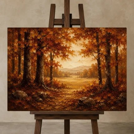 Golden Ochre Clearing Autumn Forest Wall Art Canvas Print shown in Studio Easel