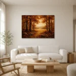 Golden Ochre Clearing Autumn Forest Wall Art Canvas Print styled in a refined neutral interior