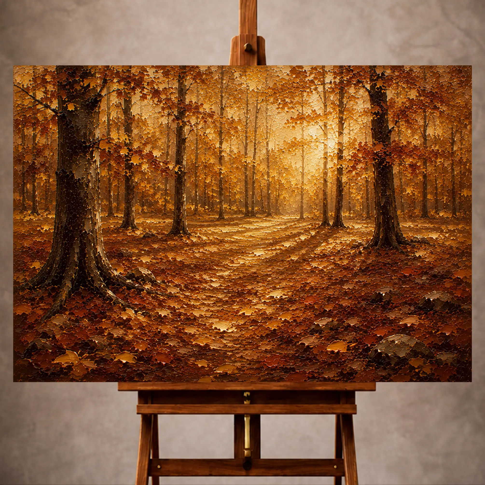 Premium Wall Art Yatay Html Edition – LANDSCPE074 Image 1 Muted gold and umber Autumn Forest Wall Art print for elegant interiors. No text or watermarks in design.